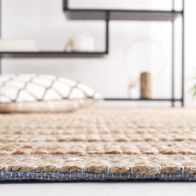 SAFAVIEH Natural Fiber Collection Area Rug - 6' x 9', Light Blue & Natural, Handmade Boho Farmhouse Rustic Jute & Cotton Jute, Ideal for High Traffic Areas in Living Room, Bedroom (NFB654M)
