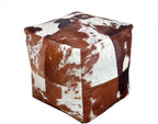 Unstuffed Premium Hair-on Leather Ottoman Pouf Cover, Boho Handmade Genuine Cowhide Square Footstool, Modern Cube Ottoman Footrest for Home Decor Living Room, Bedroom - 18X18 Inch, Tan & White