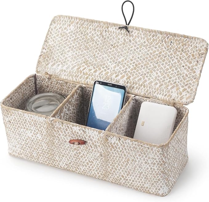 Seagrass Storage Basket for Bathroom - Wicker Toilet Tank Basket with Lid - Woven Storage Box for Organizing (Whitewash, 13" x 5" x 4.3")