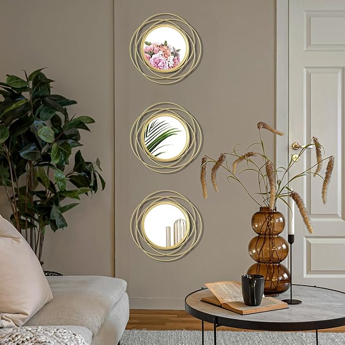 3 Set 9.5 Inch Gold Circle Mirrors Wall Decor Iron Frame Wire Mirror Metal Circular Mirror Home Decor Hanging Mirrors for Room/Bedroom/Bathroom/Entryway