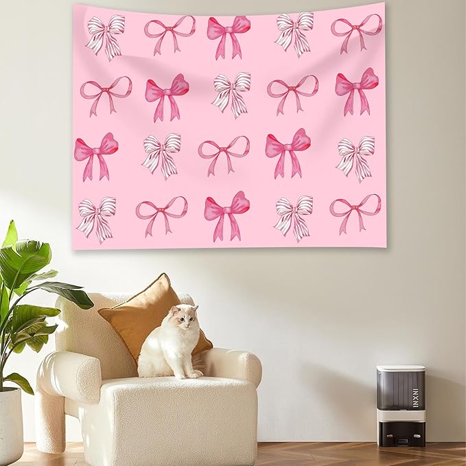 Pink Bow Tapestry - Coquette Pink Bow Tapestries, Girly Aesthetic Wall Hanging, Wall Blanket Room Decor, Bow Knot Aesthetic Bedroom Decor for Teen Girls Room, Bedroom, Dorm, Apartment Decor - 50 x 60 Inches
