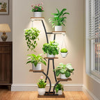 Plant Stand with Grow Light for Indoor Plants, 6 Tiered Metal Plant Shelf, 45" Indoor Plant Rack with 7 Shelves and 2 Hooks, Modern Corner Plant Holder for Living Room Balcony Bedroom, Black