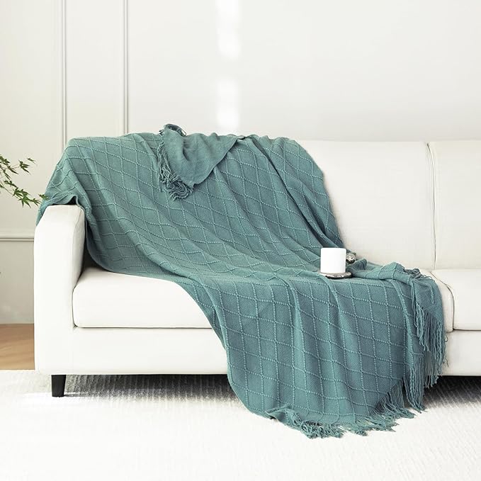 Throw Blanket for Couch Bed, Sofa Knit Blanket Farmhouse Throw for Living Room, Decorative Fall Throw Blanket for Chair, Outdoor Textured Boho Blanket（Green 51x67Inches）