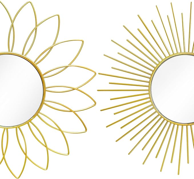 3 Pack Metal Mirrors for Wall Sunburst Wall Mirrors Home Décor Decorative Hanging Wall Art for Living Room Bedroom Entryway (Gold2, Flower+Sunburst)