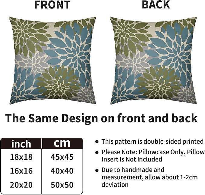 Blue Green Grey Gray Pillow Covers 20X20 Inch Set of 2, Modern Dahlia Floral Print Decorative Throw Pillow Covers Outdoor Farmhouse Cushion Case for Home Couch Sofa Bed Decoration