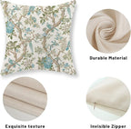 Teal Green Floral Bird Pillow Covers 18x18 Inch Set of 2 Chinoiserie Throw Pillows Vintage Flowers Bird Decorative Pillow Cases Outdoor Chinoiserie Decor Farmhouse Cushion Case for Couch Sofa