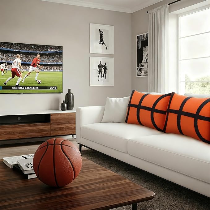 2 Pcs Basketball Velvet Pillow Covers 12 x 20 Inch 3D Tufted Embroidery Sports Theme Basketball Decorative Throw Cushion Case for Bedroom Sofa Living Room Couch Chair Home Decor