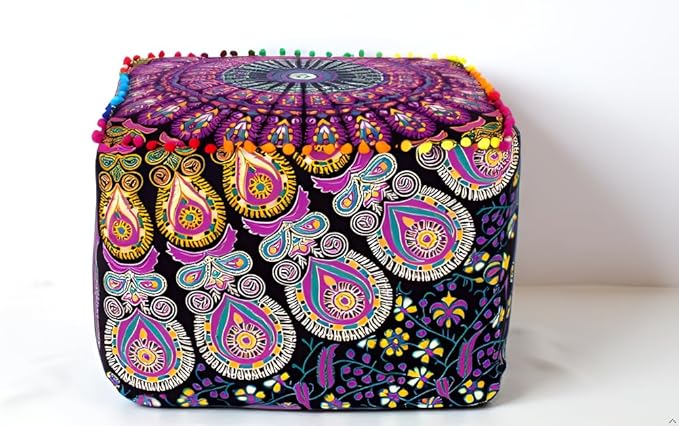 CRAFT KALA Mandala Meditation Floor Pillows Square Pillow Cover Seating Hippie Decorative Adults Bohemian Cushion Cover Outdoor Living Room Throw Ottoman Poufs Cover 16X16X14 inches,Pink Yellow Mirchi