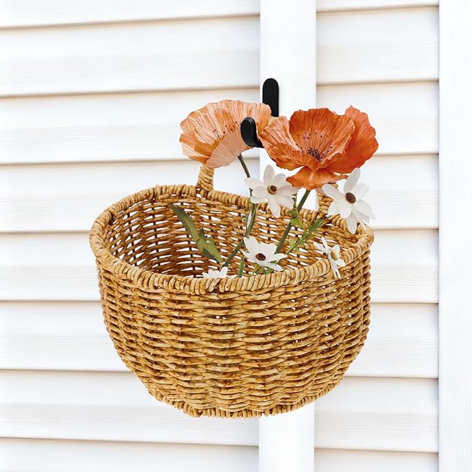TEHAUX Hand Woven Hanging Basket for Kitchen Storage Lightweight Wall Mounted Rattan Style Organizer 7.08X5.90X5.11 Inches Space-Saving Container for Household Sundries