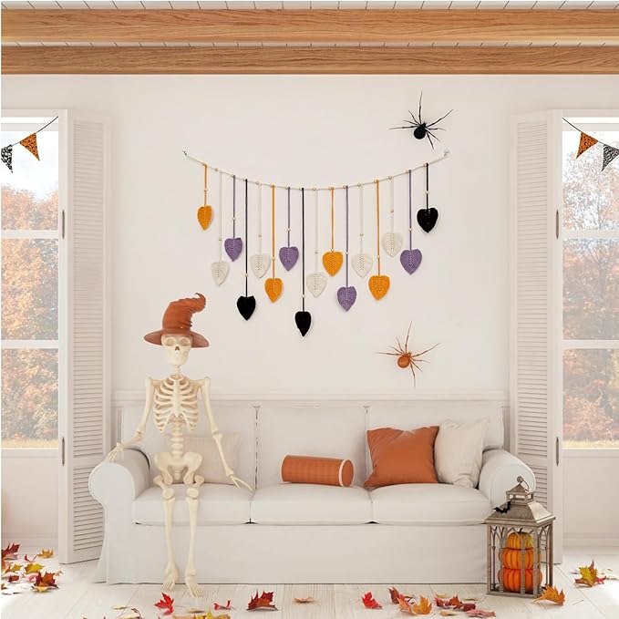 EOBTAIN Macrame Leaf Wall Hanging Large,Boho Purple Orange and Black Leaves Woven Tapestry Halloween Home Decor,Handmade Yarn Tassels Textile Feather Wall Art Decor for Living Room Bedroom
