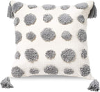 PLWORLD Boho Gray Throw Pillow Cover 20x20 Inch with Tassels, Pom Pom Tufted Decorative Cream Chenille Fabric Accent Textured Cushion Case for Bed Couch, 1 PC Cover Only No Insert