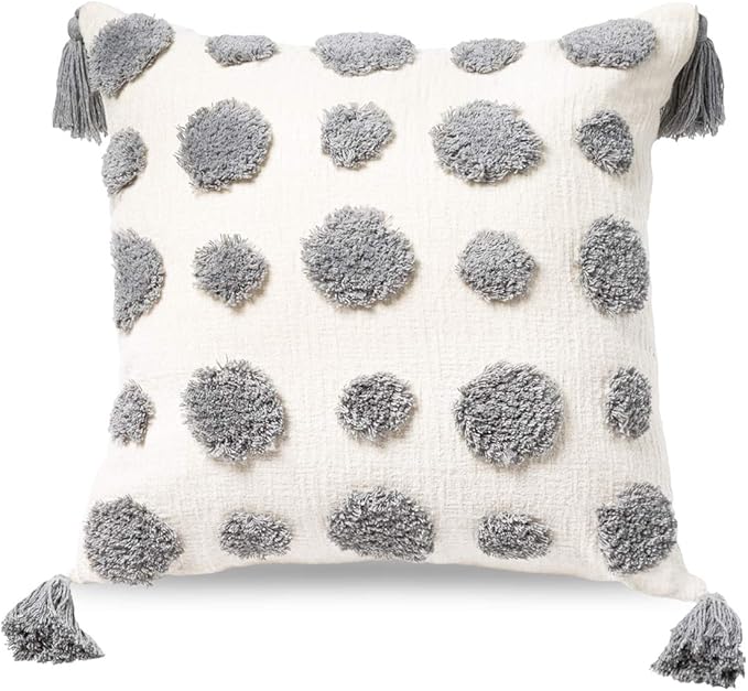 PLWORLD Boho Gray Throw Pillow Cover 20x20 Inch with Tassels, Pom Pom Tufted Decorative Cream Chenille Fabric Accent Textured Cushion Case for Bed Couch, 1 PC Cover Only No Insert