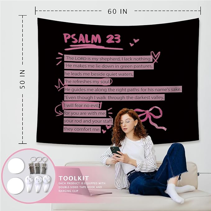 LIANGW Pink and Black Purple Christian Tapestry Aesthetic, Pink and Black Bedroom Decor for College Girls, Wall Art for Teen Girls & Women, Bible Verses Tapestries Wall Hanging 50x60 Inch
