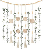 Dahey Hanging Artificial Plant Eucalyptus Wall Decor 31'' Wooden Bead Garland with Fake Greenery Leaves Boho Rustic Farmhouse Wall Art for Living Dining Room Bathroom Bedroom Kitchen Decoration