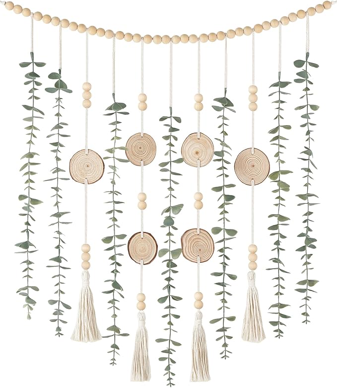 Dahey Hanging Artificial Plant Eucalyptus Wall Decor 31'' Wooden Bead Garland with Fake Greenery Leaves Boho Rustic Farmhouse Wall Art for Living Dining Room Bathroom Bedroom Kitchen Decoration