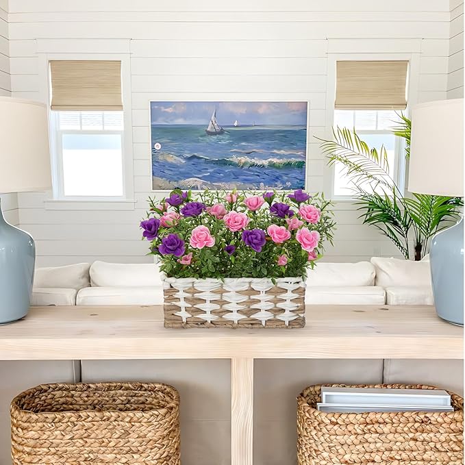 Artificial Rose Flowers with Woven Basket, Faux Blooming Roses in Fake Rattan Planter for Table Centerpiece, Romantic Floral Arrangement for Home Kitchen Entryway Spring Party Decor, Pink & Purple
