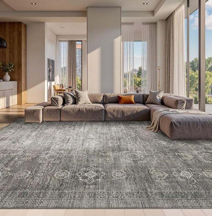 10x14 Area Rugs for Living Room Bedroom, Large Washable Rug, Grey Vintage Retro Boho Rug, Non Slip & Low Pile Faux Wool Thin Carpet for Indoor Dining Room and Kids Room(Taupe/Grey 10x14ft)