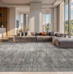 10x14 Area Rugs for Living Room Bedroom, Large Washable Rug, Grey Vintage Retro Boho Rug, Non Slip & Low Pile Faux Wool Thin Carpet for Indoor Dining Room and Kids Room(Taupe/Grey 10x14ft)