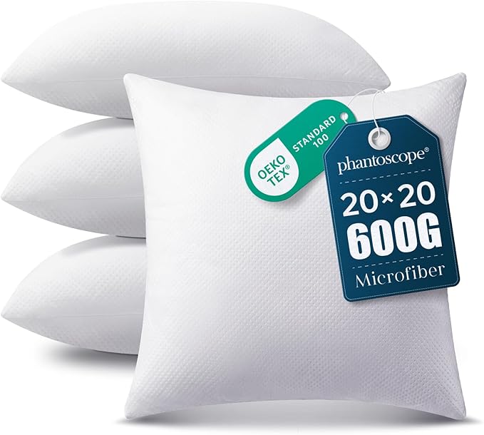 Phantoscope Pillow Inserts, Hypoallergenic 100% Virgin Fiber Square Form Microfiber Throw Pillow Inserts, Couch Bed Pillows, 20x20 Inch (Pack of 4)