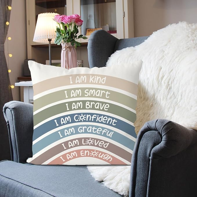 QIYUHOY Boho Rainbow Classroom Throw Pillow Covers, Book Center Calming Corner Playroom Decor Pillow Case, Reseda Pillow Cover, I Am Kind Smart Brave Confidence 24x24 Inch Pillowcase(reseda)