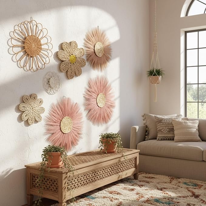 Chunful 7 Pcs Boho Wall Basket Decor Rattan Flower Wall Decor Nursery Daisy Flower Woven Macrame Hanging Flowers for Baby Kids Girls Farmhouse Bedrooms Living Rooms Kitchen Home (Dark Pink)