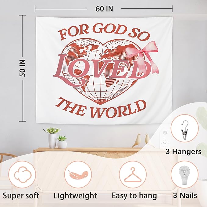 AQYIP Pink Christian Tapestry Wall Hanging, Coquette Pink Bow for God so Loved the World Christian Tapestry Decorative, Bible Verse Wall Blanket Decor for Girls Dorm Apartment Bedroom, 50x60 Inch