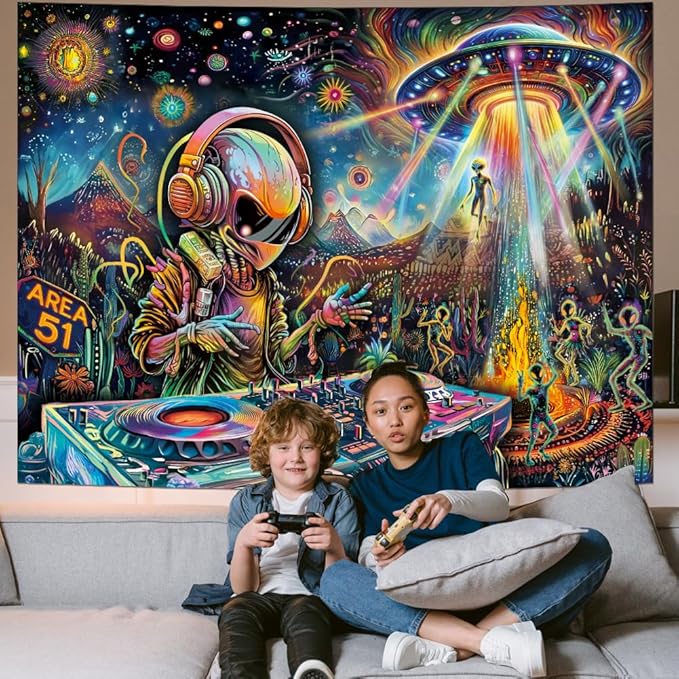 Galoker Blacklight Alien UFO Tapestry Trippy Galaxy Planet Tapestry UV Reactive Funny DJ Music Wall Tapestries Plant Cactus Tapestries Wall Hanging for Home Decor(59.1"x78.7")