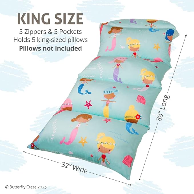 Butterfly Craze Floor Pillow Case - Lounge & Nap Cover for Floor Lounger Pillow - Adjustable Fit for Guest Bed & Sleeping Pad - Machine Washable for Sleep Mat & Travel Mattress - King, Mermaid Aqua