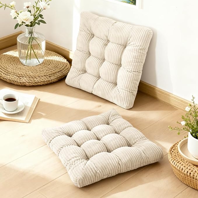 Meditation Floor Pillow Set of 2,Memory Foam Meditation Floor Cushions for Adults Sitting, Large Square Thickened Seat Cushion for Yoga, Tatami Living Room (2, Beige)