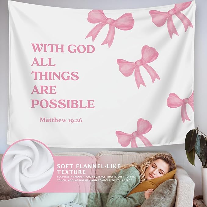 LIANGW Coquette Pink Bow Christian Tapestry Aesthetic, Coquette Preppy Room Decor for Teen Girls & Women, Wall Tapestry for Bedroom, Bible Verses Tapestries Wall Hanging 50x60 inche