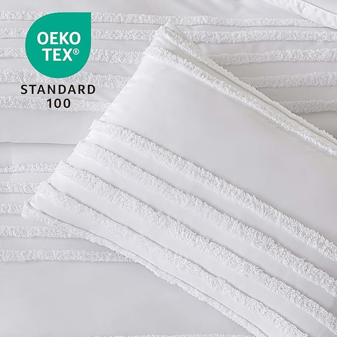 BEDELITE Boho King Size Comforter Set - White Tufted Striped Bed Set 3 Pieces, Soft Vintage Farmhouse Comforter for All Seasons, Boho Home Decor,Fluffy Jacquard Bedding with Pillow Sham