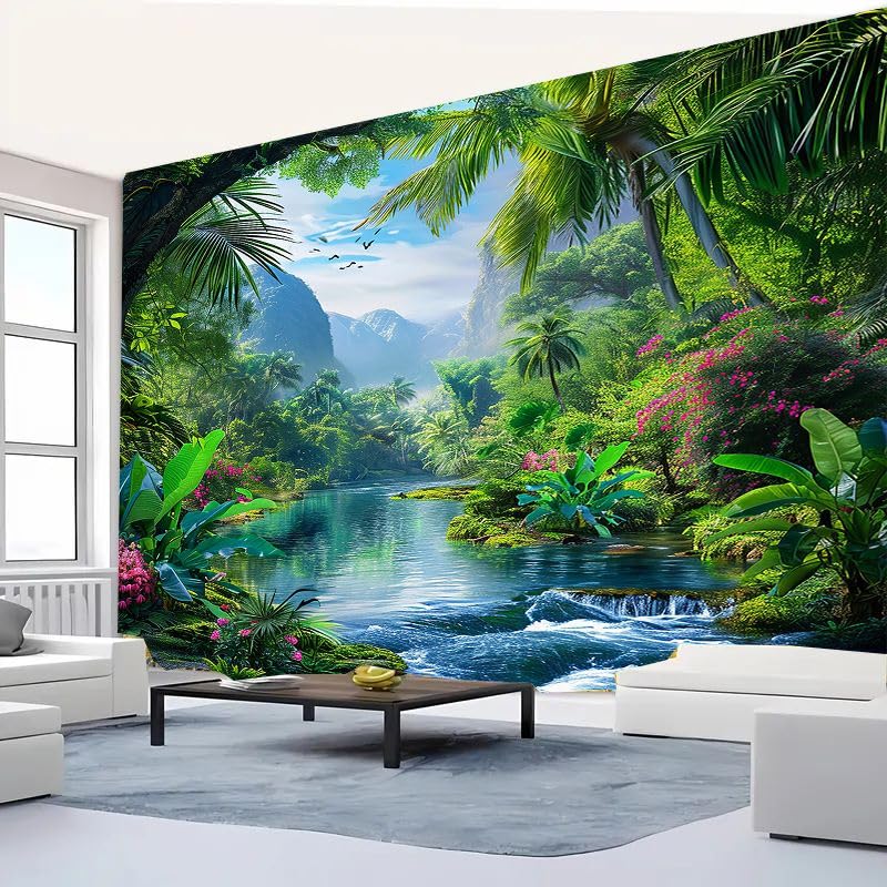 FENDROM Nature Tropical Rain Forest Tapestry Fantasy Landscape Mountain River Jungel Wall Hanging Tapestries for Bedroom Living Room Dorm - color: Rain Forest, size: 90"L x 71"W