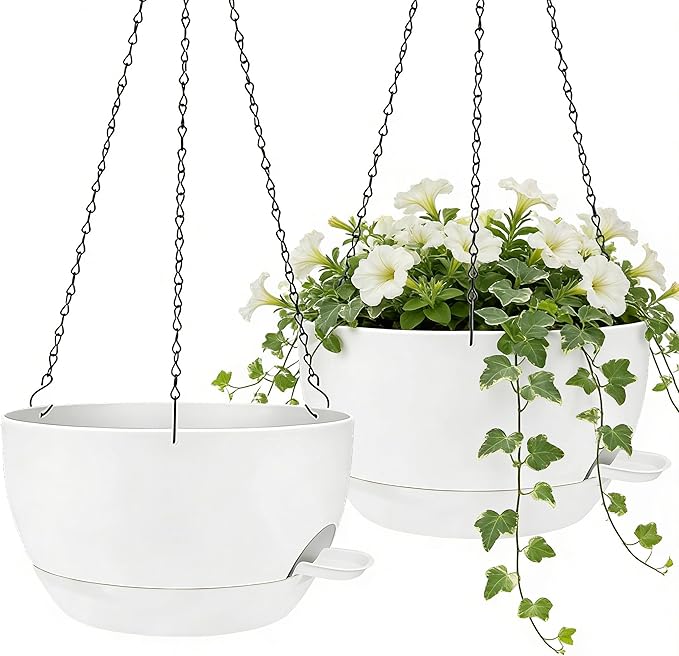 2 Pack 12 Inch Self Watering Hanging Planters for Indoor Plants, Large White Plastic Hanging Pots with Chains for Outdoor Patio Garden Home Decor White