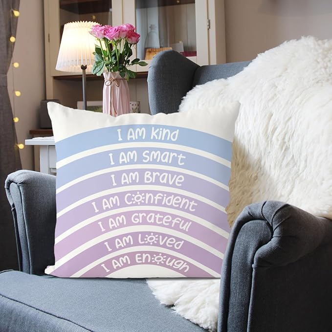 QIYUHOY Boho Rainbow Classroom Throw Pillow Covers, Book Center Calming Corner Playroom Decor Pillow Case, Purple Pillow Cover, I Am Kind Smart Brave Confidence 20x20 Inch Pillowcase(Royal Purple)