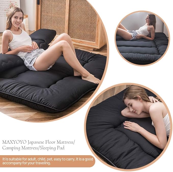 MAXYOYO Japanese Floor Mattress Futon Mattress, 4" Thicken Tatami Mat Sleeping Pad Foldable Roll Up Mat Boys Girls Dormitory Pad Kids Floor Lounger Pillow Bed, Black, Twin Size