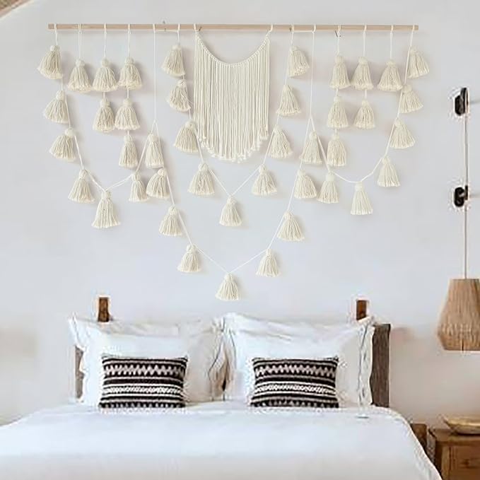 Jakalin Macrame Wall Hanging Boho Tassel Garland 57"x39" | Handmade Cotton Rope Wall Decor for Living Room, Bedroom, Nursery | Large Macrame Banner for Wedding Backdrop, Home Decoration
