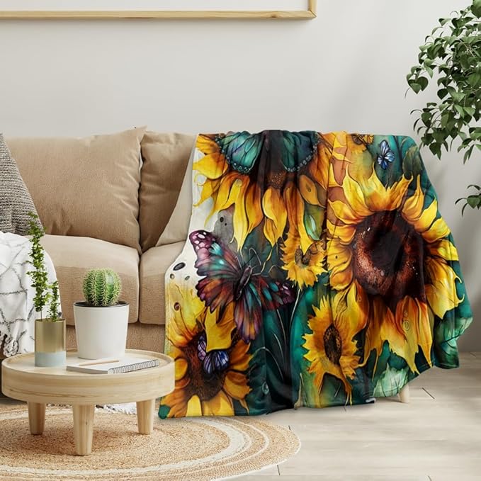 Sunflower Throw Blankets for Couch,Farmhouse Wildflower Blankets Green Butterflies Insect Floral Design Cozy Luxury Rustic Yellow Flower Blue Teal Flannel Bed Blanket for Women Girl 70"x80"