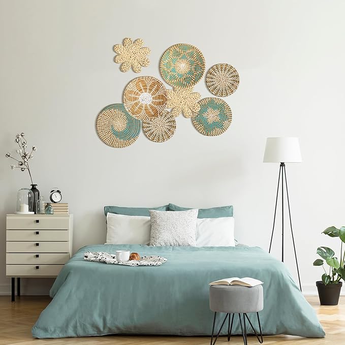 Xuhal 8 Pcs Boho Wall Basket Decor Decorative Bulrush Woven Basket Wall Decor Rustic Farmhouse Hanging Baskets for Kitchen Rustic Home Summer Decorations