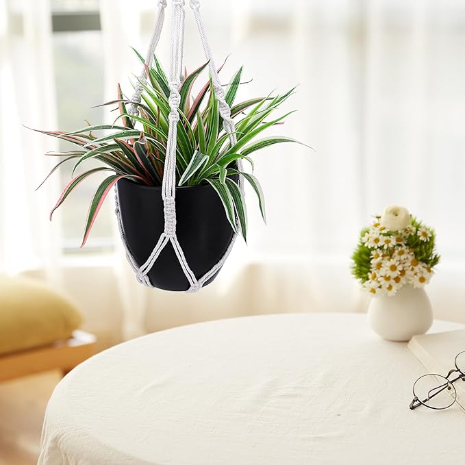 Macrame Plant Hanger Boho Hanging Planters Basket Rope for Indoor Plants Decorative Braided Cotton Rope Flower Pot Holder with Metal Hook Rings for Outdoor Home Decor, Ivory, 22 in