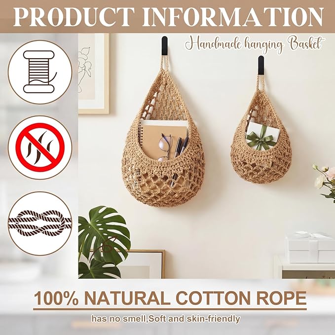 Honeydak Boho Decor Hanging Wall Baskets for Kitchen 3 Pack Teardrop Baskets with Hooks Storage Fruit Onion Vegetable Potato for Home 3 Sizes(Light Linen,Crochet,Cotton Rope)
