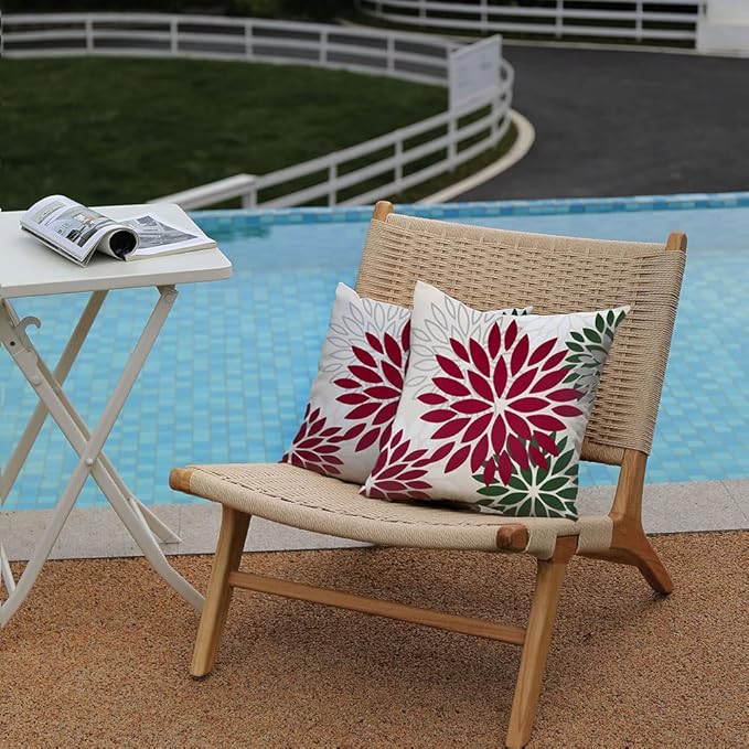 DFXSZ Wine red Dark Green Flower Pillow Covers 16x16 Inch Set of 2 Outdoor Throw Pillows Outdoor Waterproof Decor for Living Room Sofa Patio Funiture Garden Floral Polyester Pillow Covers 002W16