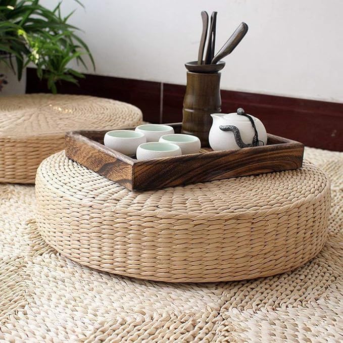 HUAWEL Meditation Cushion, 15.7inch / 40cm Dia Straw Floor Seat Cushion for Deep Thought Leisure Round Shape Soft Pouf Light Yellow Knitted Tatami Cushion