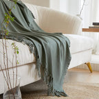 Simple&Opulence Boho Linen Throw Blanket for Bed, Couch, 50”x70” Pre-Washed Fringed Vintage Decorative Woven Blanket with Tassels, Breathable Durable Cozy Farmhouse Decor for All Seasons(Olive Green)
