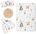 BabyWhale Muslin Swaddle Blanket with Hat and Headband Bow, Animals Print Swaddle Set for Baby Boys ＆ Girls, Newborn Soft Receiving Blanket Wrap, Owls, Foxes, Hedgehogs Pattern, 47x47 inches