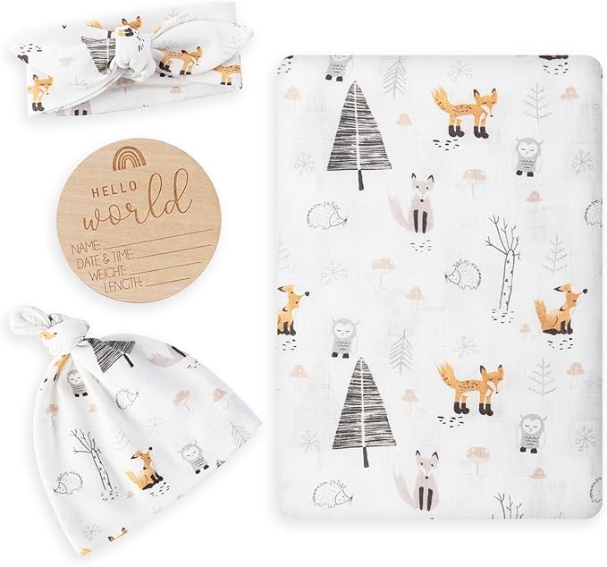 BabyWhale Muslin Swaddle Blanket with Hat and Headband Bow, Animals Print Swaddle Set for Baby Boys ＆ Girls, Newborn Soft Receiving Blanket Wrap, Owls, Foxes, Hedgehogs Pattern, 47x47 inches