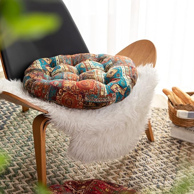 vctops Bohemian Patchwork Round Chair Seat Cushions for Dining Kitchen Office Chairs Patio Soft Cotton Linen Chair Pads (Blue,Diameter 22")