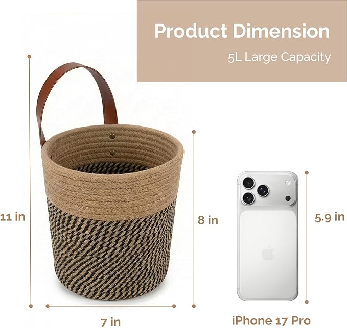 2-Pack Natural Jute Hanging Baskets 7 * 8inches, Round Woven Wall Decor & Storage Planter for Plant Decor and Home Organization,Walls Basket for Bedroom, Living Room, Bathroom,Boho Decor- Black Jute