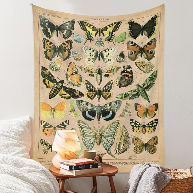 Vintage Butterfly Tapestry 48” x 36”, Long Vertical Wall Hanging Reference Illustrative Papillons Tapestries for Bedroom Aesthetic Butterfly Tapistry Cute Vertical Tapestry Wall Hanging Bedroom Decor