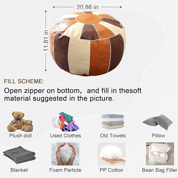 Louis Donné UNSTUFFED Pouf Ottoman Cover, Faux Leather Foot Stool for Foot Rest, Moroccan Style Pouffe Ottomans, 21" Round Handmade Small Bean Bag Covers for Storage, Footstools for Living Room