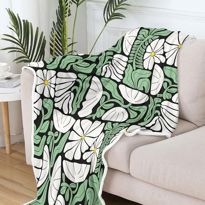 Boho Abstract Colorful Floral Throw Blanket, Vintage Retro Patchwork White Green Flower Botanical Geometric Aesthetic Groovy Flannel Throw Blanket for Chair Bed Sofa Couch, 60X70IN
